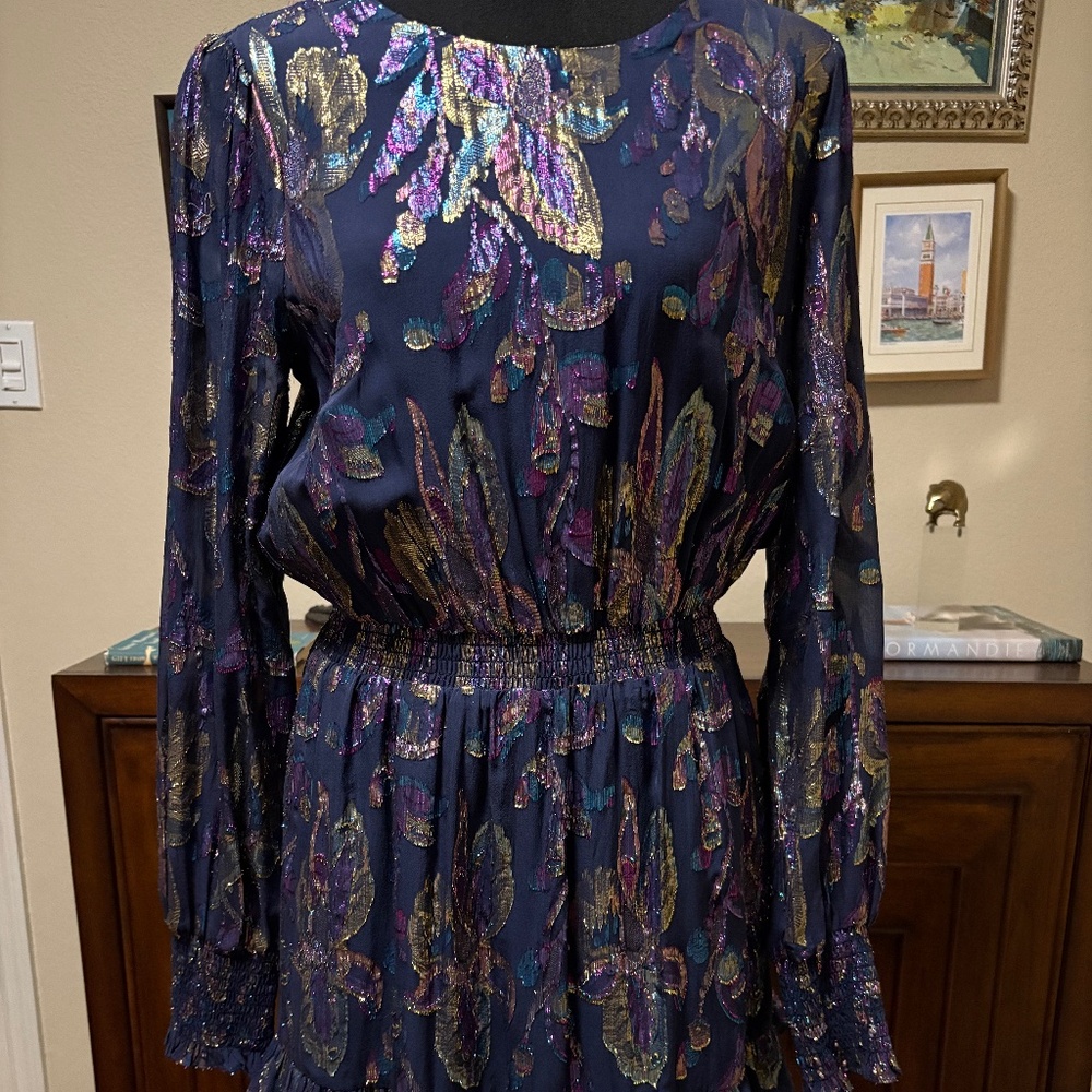 Lilly Pulitzer Dotti Silk Metallic Lurex Dress Navy Floral NWT Size 8